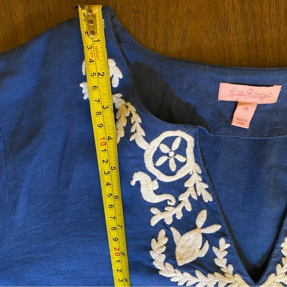 Lilly Pulitzer Blue Embroidered V Neck 100% Linen Blouse Women’s Size Medium - Picture 10 of 13